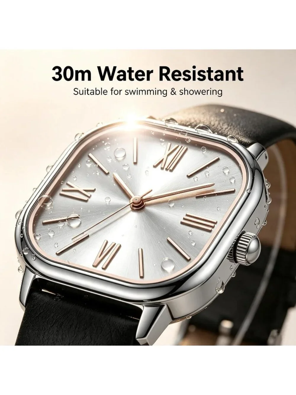 Women's Black Silver Square Case Leather Strap Easy to Read Casual Wrist Watch